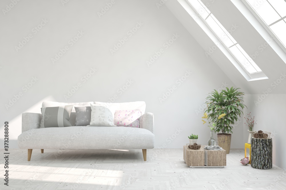 Naklejka premium White living room with sofa. Scandinavian interior design. 3D illustration