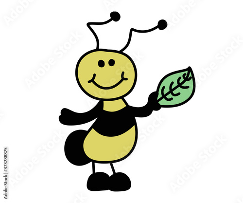 vector illustration character cartoon design cute honey yellow bee mascot holding green eco leaf in white background