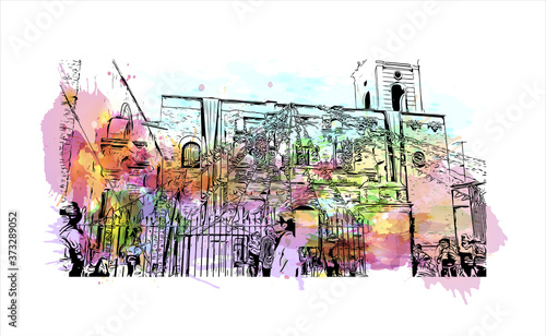 Building view with landmark of Arequipa is the colonial-era capital of Peru’s Arequipa Region. Watercolor splash with hand drawn sketch illustration in vector.