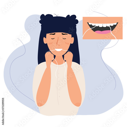 Cute woman brushes teeth with dental floss. Oral care and dental procedures concept. Correctly brush teeth. Oral hygiene every day. Vector illustration in flat style isolated on white background.