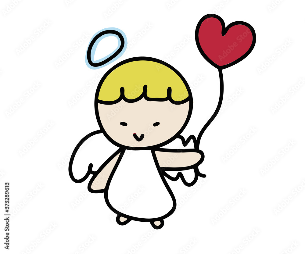 A little cartoon angel with a halo above his head, holding a heart-shaped balloon in his hand. Vector