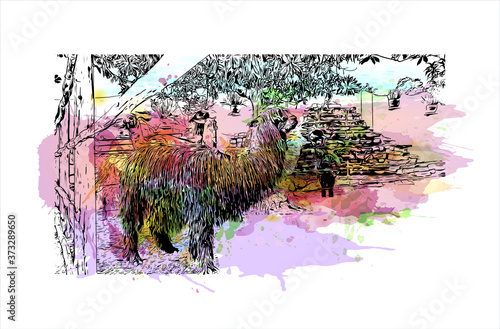 Building view with landmark of Arequipa is the colonial-era capital of Peru’s Arequipa Region. Watercolor splash with hand drawn sketch illustration in vector.