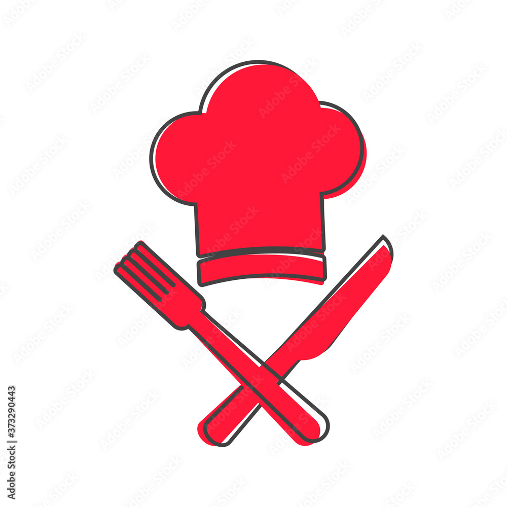 Chef hat with cross knife and fork vector icon. Cap chef cooking cartoon style on white isolated background. Chef hat with cross knife and fork vector icon. Cap chef cooking cartoon style on white isolated background.