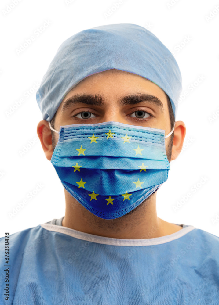 Doctor with EU flag medical mask isolated on white background. Doctor with EU flag medical mask isolated on white background.