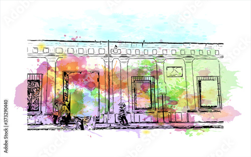 Building view with landmark of Arequipa is the colonial-era capital of Peru’s Arequipa Region. Watercolor splash with hand drawn sketch illustration in vector.