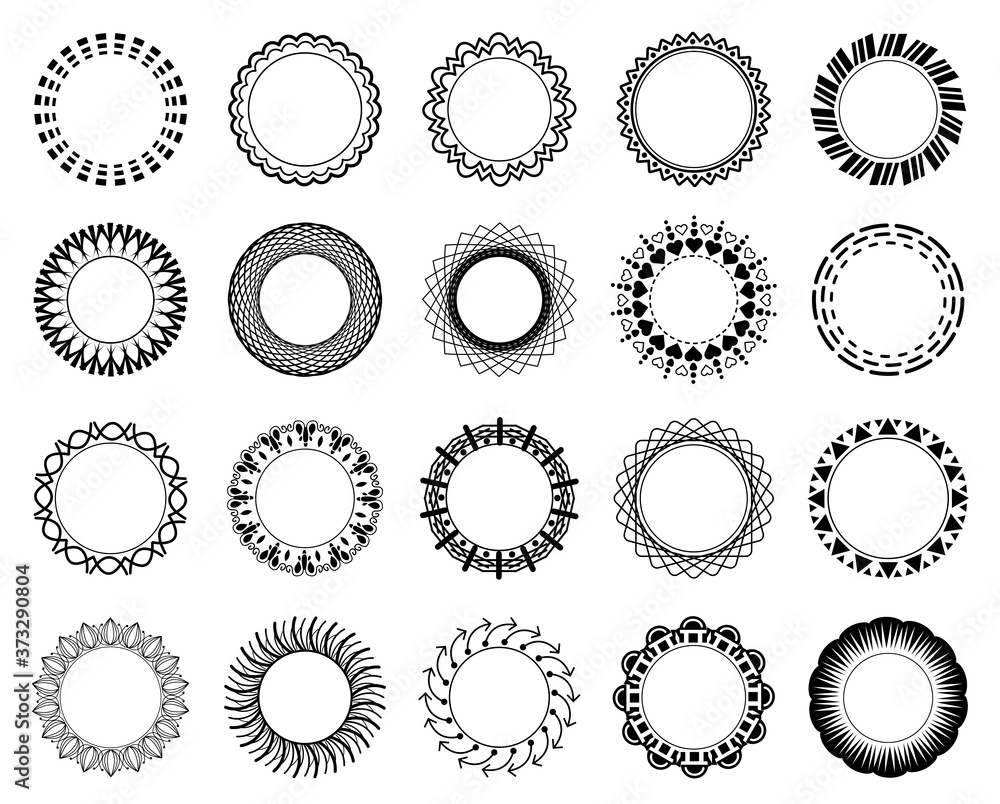 Circle frame set. Collection of black flat rounded frames, with contour lines and shapes. Isolated on white background