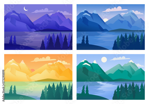 Mountain landscape vector illustration set. Cartoon summer collection of mountainous natural landscape backgrounds with green forest and lake in morning, afternoon, evening and night, nature panorama