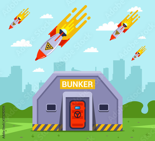 the fall of nuclear bombs on the city. rescue people in bunkers from missiles. flat vector illustration