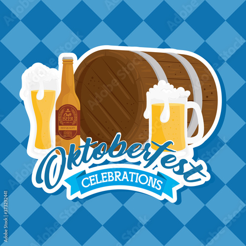 oktoberfest festival celebration with wooden barrel and craft beers vector illustration design