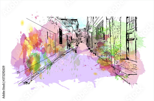 Building view with landmark of Arequipa is the colonial-era capital of Peru’s Arequipa Region. Watercolor splash with hand drawn sketch illustration in vector.