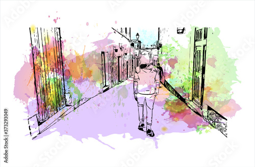 Building view with landmark of Arequipa is the colonial-era capital of Peru’s Arequipa Region. Watercolor splash with hand drawn sketch illustration in vector.