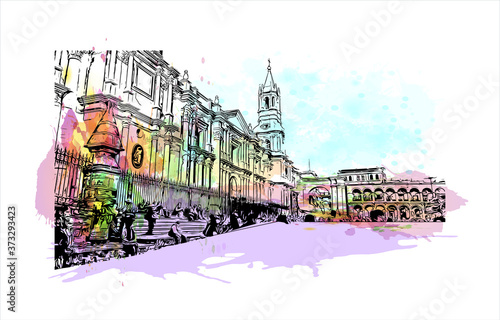 Building view with landmark of Arequipa is the colonial-era capital of Peru’s Arequipa Region. Watercolor splash with hand drawn sketch illustration in vector.
