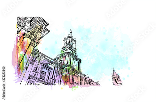 Building view with landmark of Arequipa is the colonial-era capital of Peru’s Arequipa Region. Watercolor splash with hand drawn sketch illustration in vector.