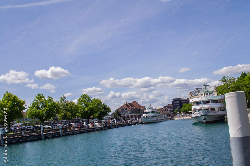 view of the port in the city of Thun in Switzerland