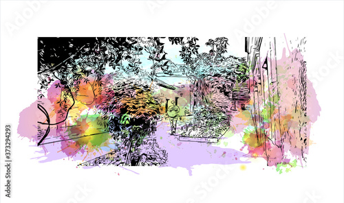 Building view with landmark of Arequipa is the colonial-era capital of Peru’s Arequipa Region. Watercolor splash with hand drawn sketch illustration in vector.