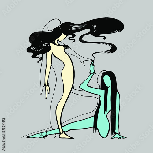 Shadows. Opposition. External and internal world of human. Hand-drawn illustration, showing the difference between person's actions and desires.