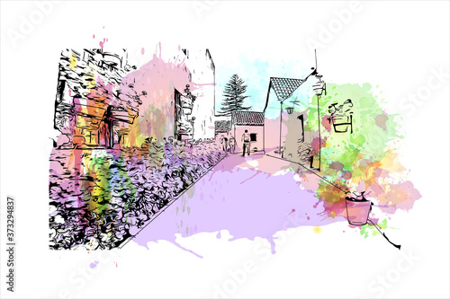 Building view with landmark of Arequipa is the colonial-era capital of Peru’s Arequipa Region. Watercolor splash with hand drawn sketch illustration in vector.