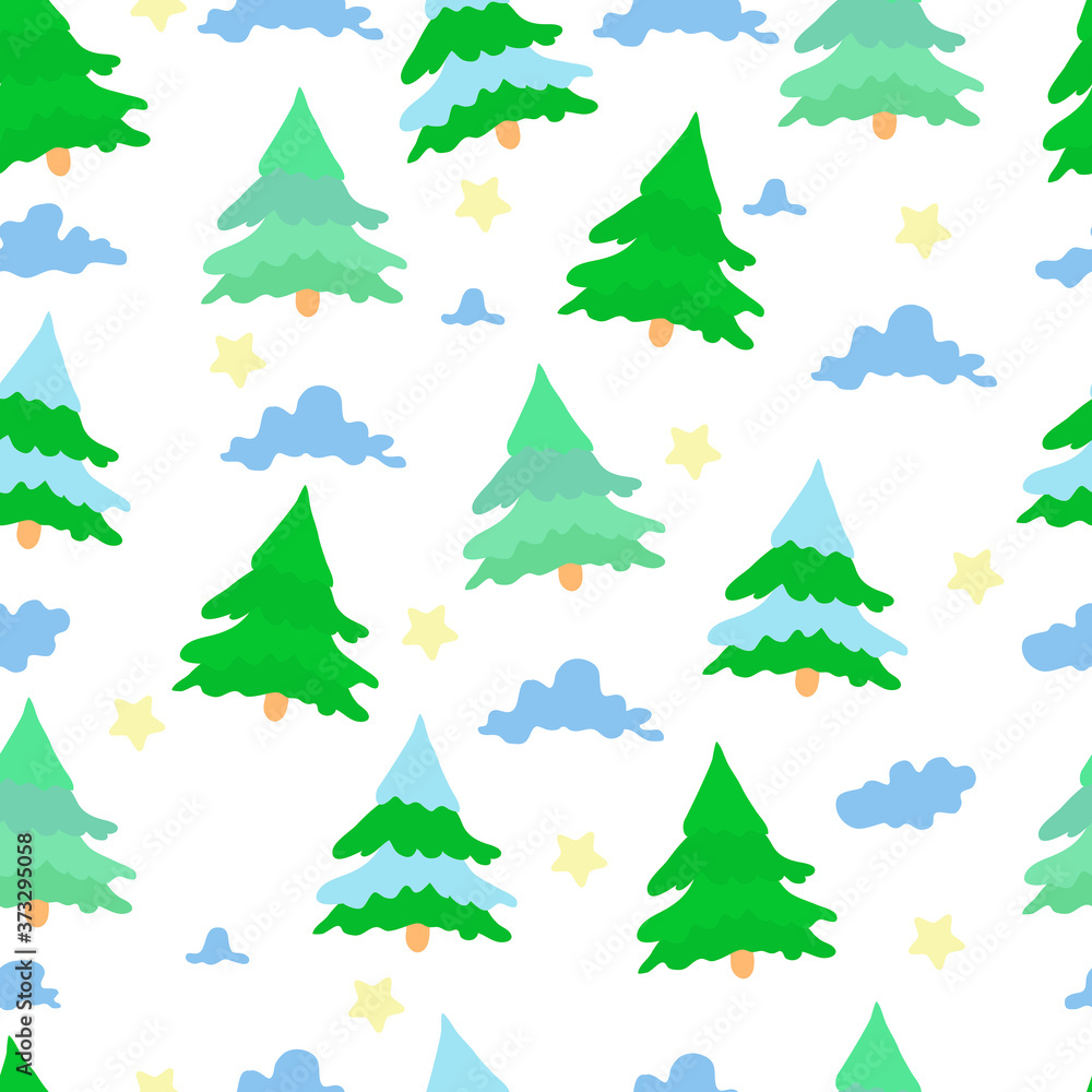 Bright pattern for baby textiles. Stylized green and colored fir trees, clouds and stars isolated on a white background. Cartoon vector stock illustration. Bright pattern for baby textiles. Stylized green and colored fir trees, clouds and stars isolated on a white background. Cartoon vector stock illustration.