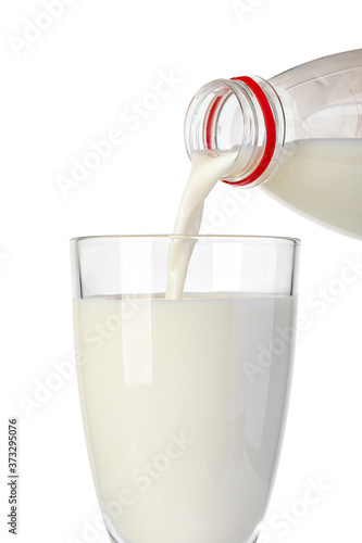 pouring milk from the bottle into a glass