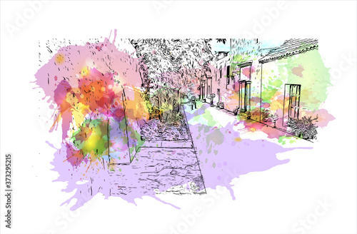 Building view with landmark of Arequipa is the colonial-era capital of Peru’s Arequipa Region. Watercolor splash with hand drawn sketch illustration in vector.