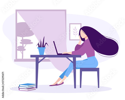 Home office, coworking space. Young pretty girl working on laptop in the room or apartment. Freelance worker, self employed, studying concept. Isolated vector illustration