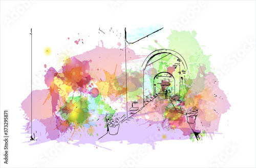 Building view with landmark of Arequipa is the colonial-era capital of Peru’s Arequipa Region. Watercolor splash with hand drawn sketch illustration in vector.