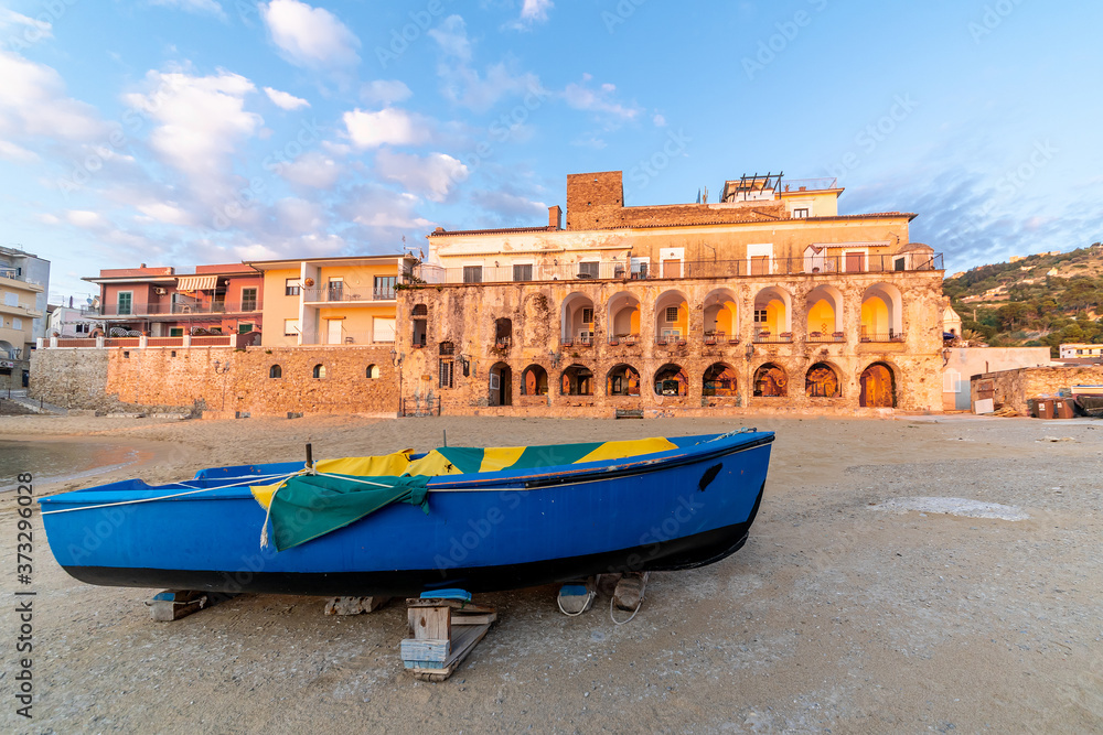 Santa Maria di Castellabate, Cilento Coast, Italy. Famous Place, wide angle view with a boat in the foreground.