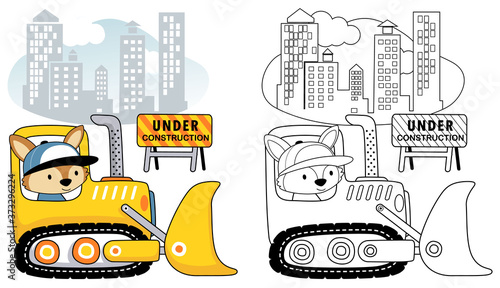 Fox on construction vehicle cartoon, buildings, coloring book or page
