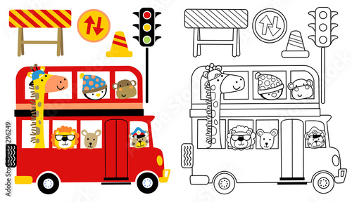 cute animals cartoon on red bus with traffic signs, coloring book or page