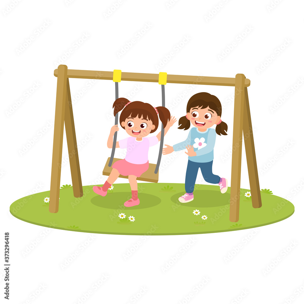 Vector illustration of school kids playing the swing in the playground. Free play for children help develop movement and muscle and improve brain in multifunctions from play activities. - obrazy, fototapety, plakaty 