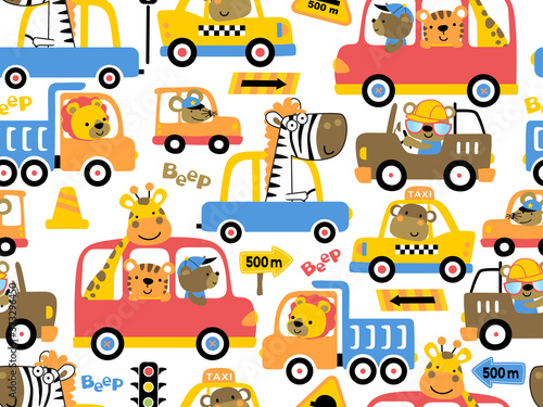 seamless pattern of vehicles cartoon with funny animals