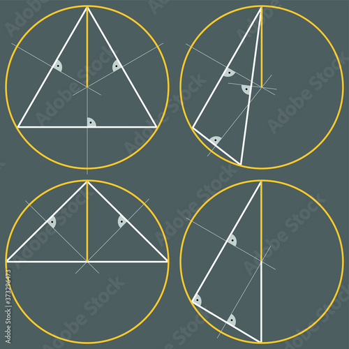 Construction of a circle circumscribed on a triangle. Two-dimensional geometric figure, school geometry.