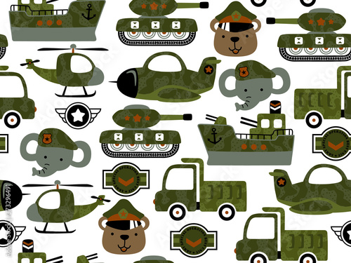 seamless pattern of military vehicles cartoon with funny troops