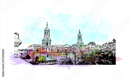 Building view with landmark of Arequipa is the colonial-era capital of Peru’s Arequipa Region. Watercolor splash with hand drawn sketch illustration in vector.
