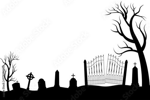 Halloween scary graveyard background with trees, crosses and bats. Halloween. Silhouette of a tombstone. Printed labels and decorations for office, crafts, template. Vector