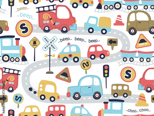 seamless pattern of colorful vehicles cartoon