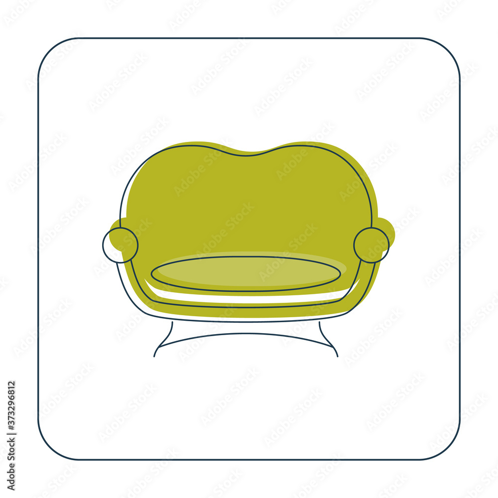 Comfortable sofa with one pillow. Image of couch in thin line art style. Element furniture of the interior. Modern stylish object for relaxation. Flat illustration with settee on white background Comfortable sofa with one pillow. Image of couch in thin line art style. Element furniture of the interior. Modern stylish object for relaxation. Flat illustration with settee on white background