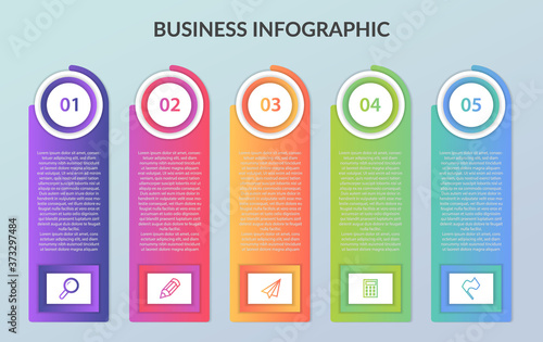 Five colorful rectangular elements, pictogram, pointer and text box. Business model concept with 5 steps in a row. Modern infographic design template. Vector illustration.