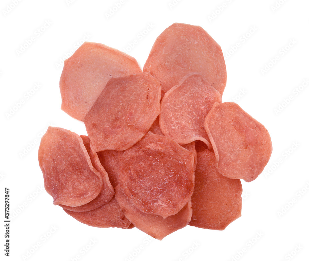 Heap of meat chips isolated on white. Heap of meat chips isolated on white.