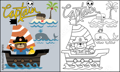 Bear cartoon the funny pirate on sailboat, coloring book or page