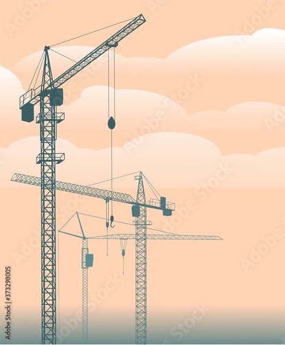 Construction cranes against the background of clouds and sky. Vector illustration.