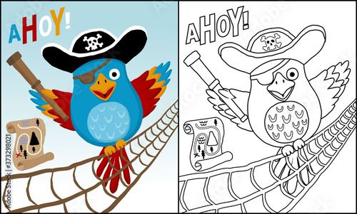 cartoon of funny cockatoo perch on sail rope, coloring book or page