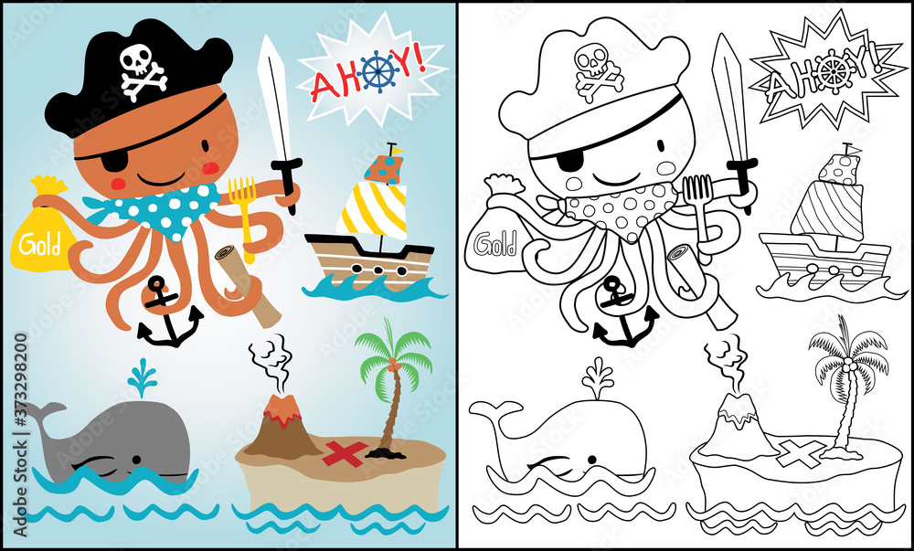 set cartoon of pirates theme with funny octopus, coloring book or page