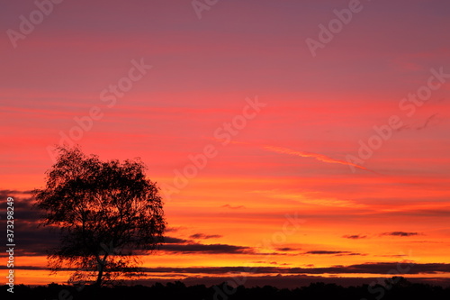 Beautiful colorful sunrise, with red and orange colors in the nature reserve.