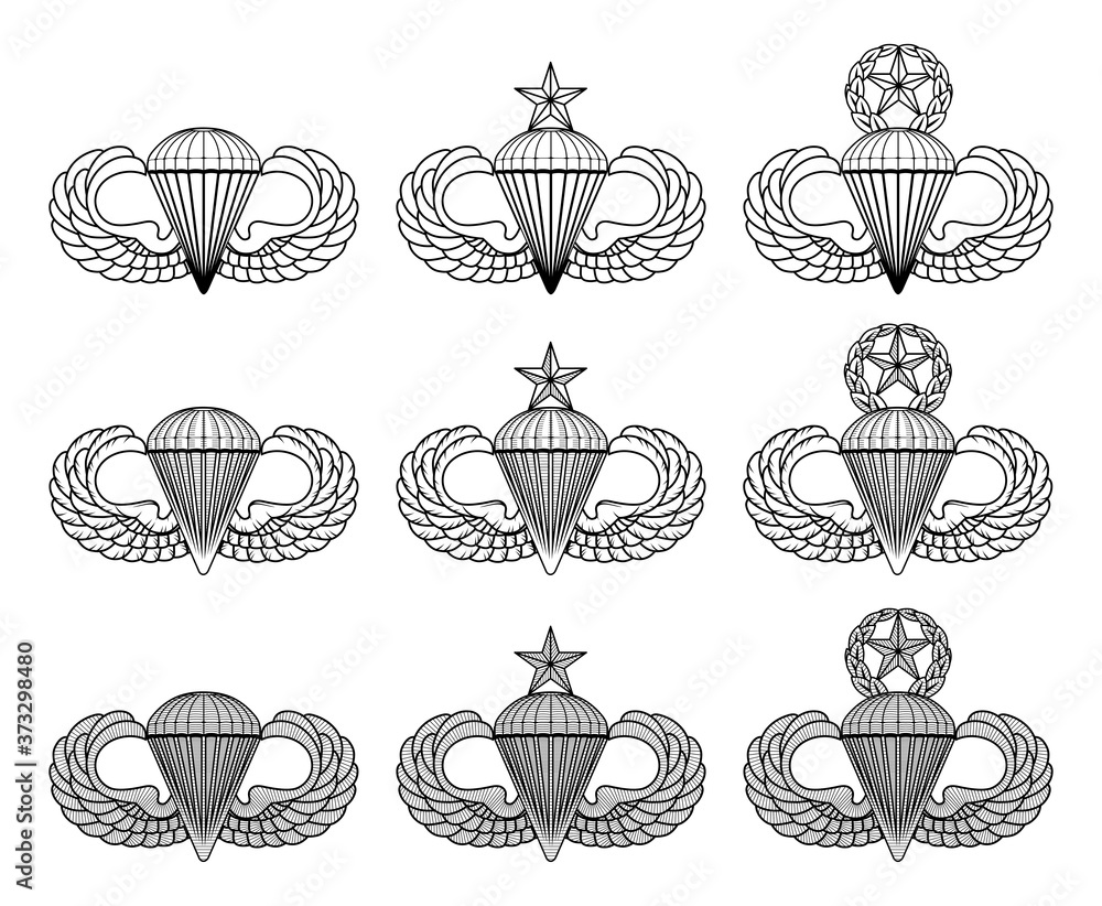 Parachutist Badge - Jump Wings - Vector is an illustration that includes the basic, senior and master parachutist insignia in three styles. These are also known as Jump wings or Silver Wings.