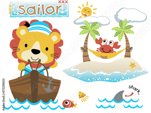 Funny cartoon of sailing theme with cute lion