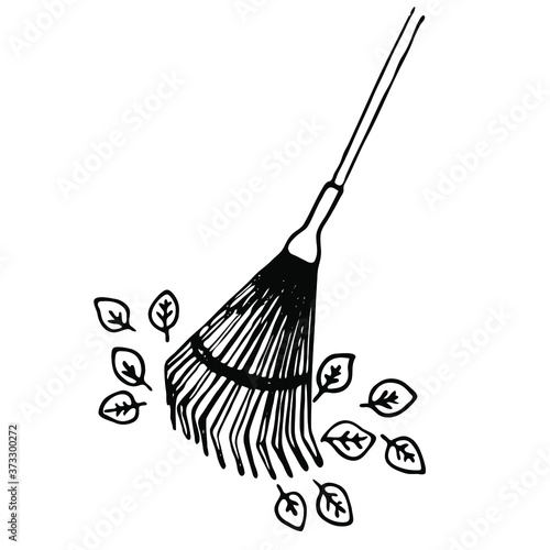 Rakes and leaves. Vector illustration on the theme of cleaning autumn leaves, black outline, Doodle, silhouette on a white background.