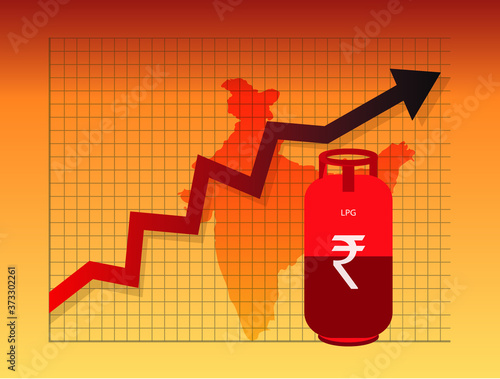 LPG gas Cylinder price hike in India, cooking gas, LPG subsidy,  Liquefied petroleum gas, price increase, price gross, up arrow, India map, illustration, fuel price hike