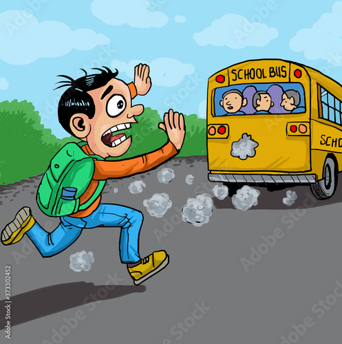 Schoolkid late to school chasing the bus