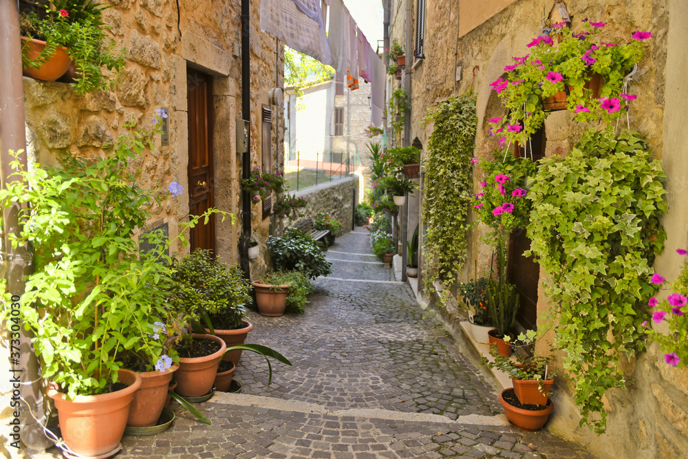 A narrow street among the old houses of Amaseno, a medieval village in the Lazio region.